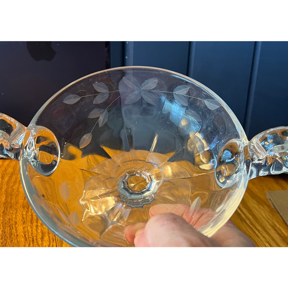 Double Handled Etched Pressed Glass Compote Candy Dish - Picture 7 of 9